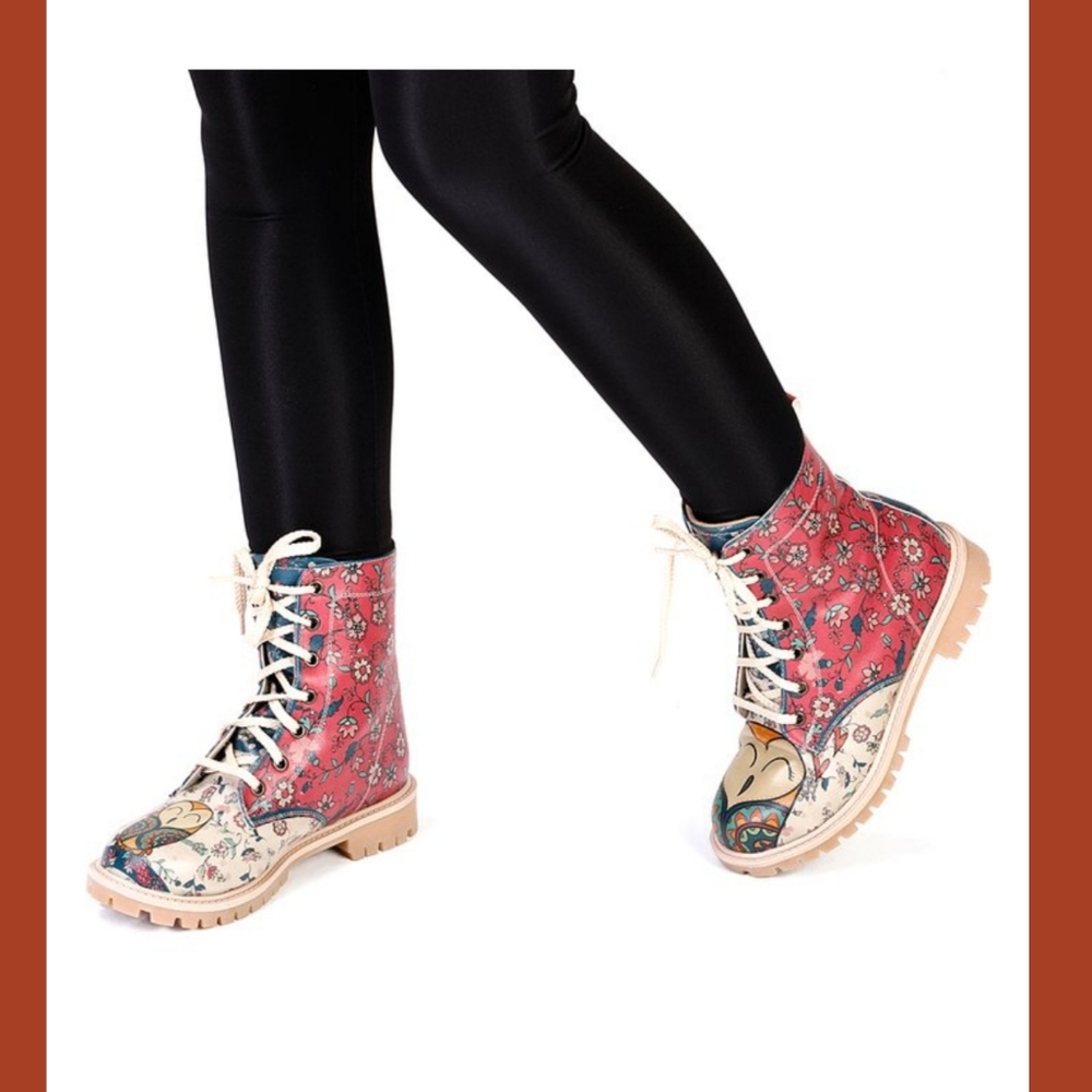 Goby Wise 🦉 Owl floral Lace up combat boots vegan faux leather Quirky RARE - Picture 3 of 15